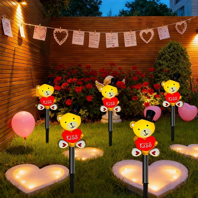 Luces solares para San Valentín | Guirnalda de luces LED 5 en 1 con elementos clásicos de corazón | Decoración impermeable para jardín exterior
