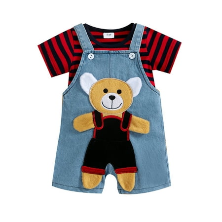 

jaweiw Baby Romper + Overall Outfits Setfor Boys Girls Stripes Short Sleeve Jumpsuit with Cartoon Bear Patchwork Denim Suspender Pants Size 0 6 9 12 18 M