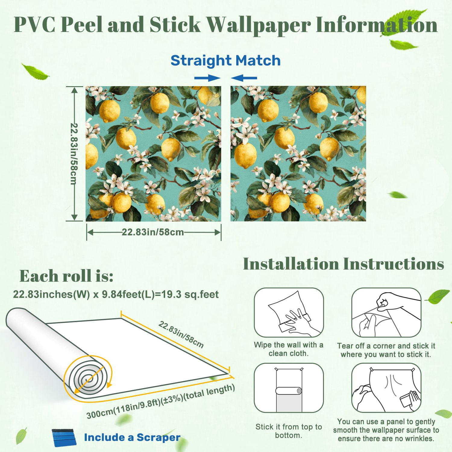Peel and Stick Wallpaper Seamless Lemon Fruits Floral 24in x 118in Contact Paper Removable Self Adhesive Wall Mural Wall Decor for Bedroom Kitchen Cabinets