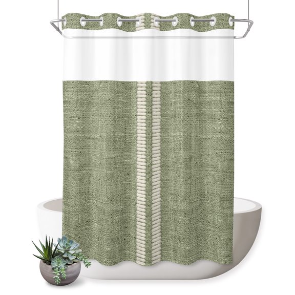 No Hook Shower Curtain, Sage Green Striped Shower Curtains for Bathroom with See Through Top Window, Rustic Vertical Stripes Linen Texture Waterproof & Washable Bath Curtain 60"x72"
