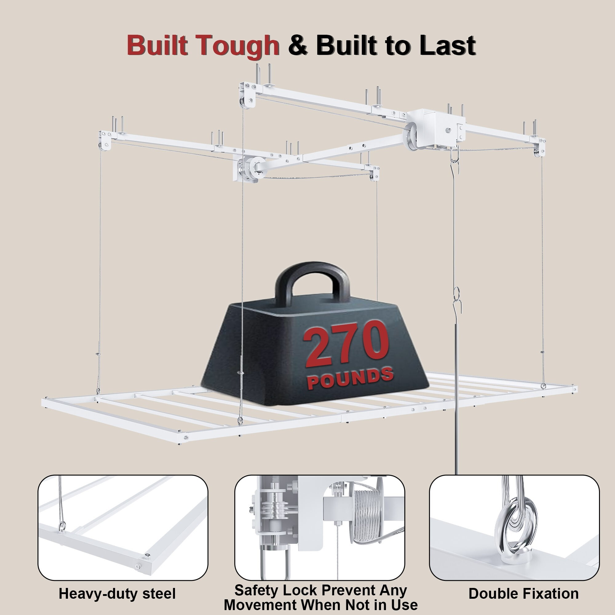 AENKYO Heavy-Duty 270 lbs Capacity Overhead Garage Storage Rack with Safety Lock, 3x6 ft Platform for 10-12 FT Ceilings