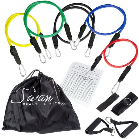 Sivan Health and Fitness Latex Resistance Band Set with Five Bands, Two Handles, Door Anchor, Ankle Strap and Carrying Case Excercise Chart