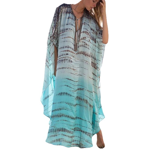 Kaftan Vestidos para Mujer de Gasa de Floral Impresión Caftán Traje de Baño Tallas Grandes Larga Playa Cover up Azul Claro Azul Claro Xishao ropa