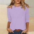 thumbnail image 2 of TQWQT Womens Summer Tops 2024 3/4 Length Sleeve Casual Blouses Crewneck Solid Color Cute Tops Loose Fit Pullover Light Purple 2XL, 2 of 5