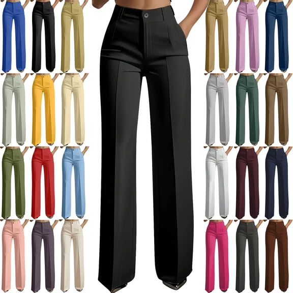 Dgankt Women Trouser Pants Women's Plus Size Wide Leg Dress Pants – High Waist Pocket Relax Fit Formal Office Trousers S-3XL