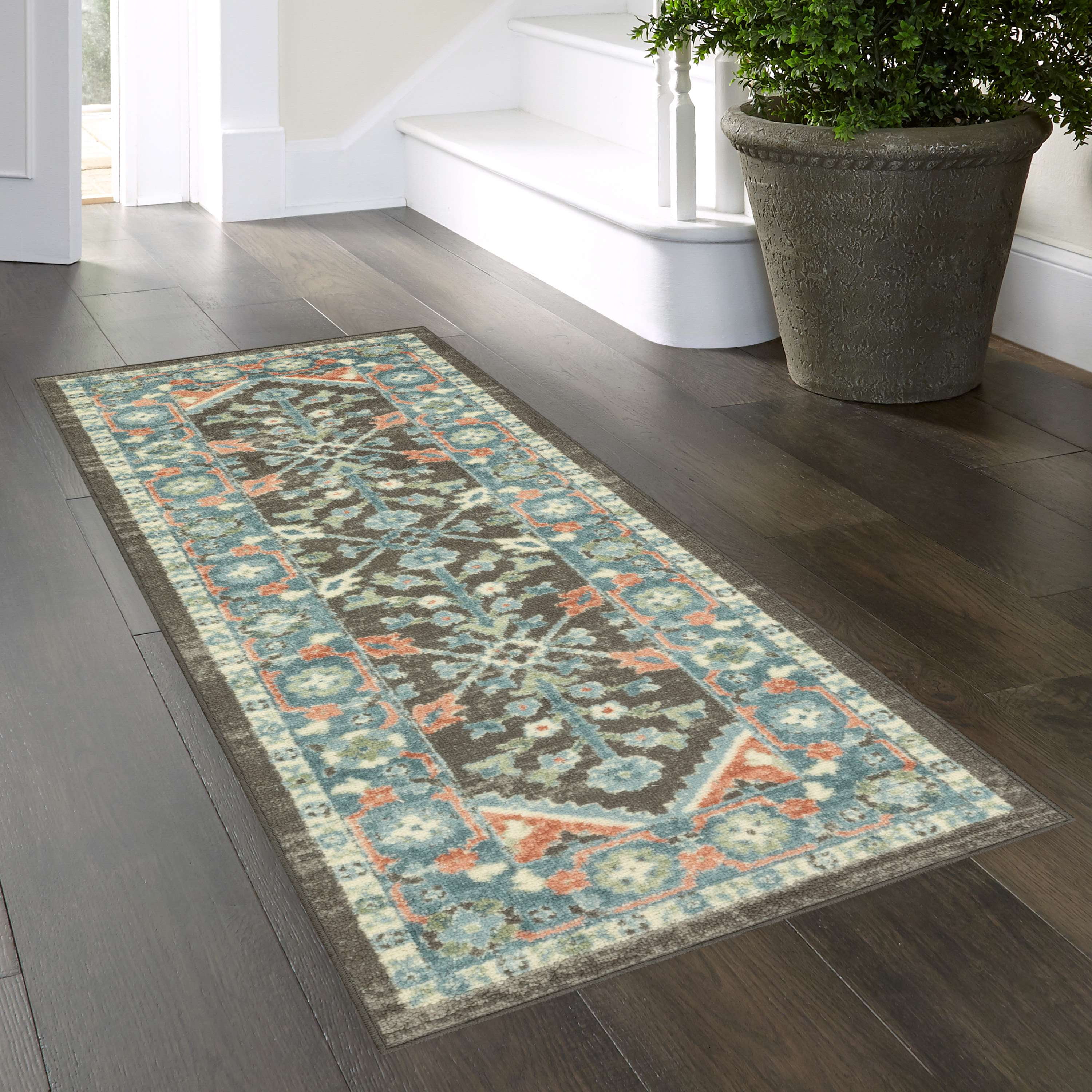 (2 pack) Mainstays Persian Border Medallion Loop Print Gray Aqua Indoor Runner Rug, 2' x 6'