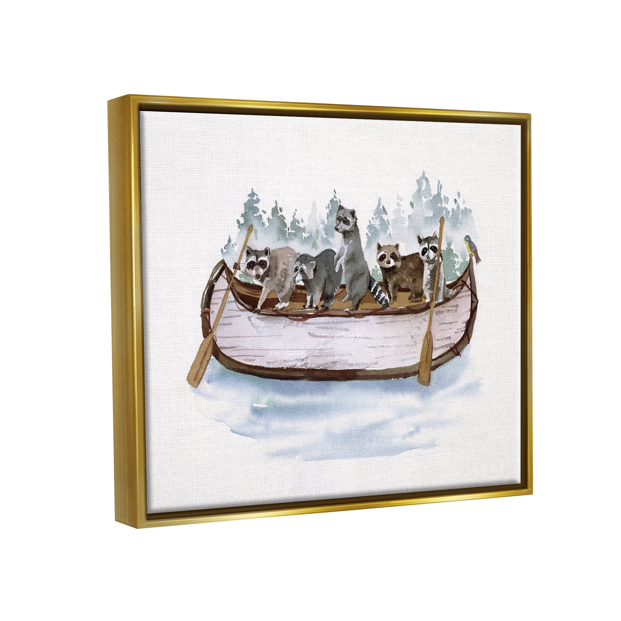 Stupell Industries Raccoons on Rowboat Animals & Insects Painting Gold Floater Framed Canvas Art Print Wall Art, 21 x 17