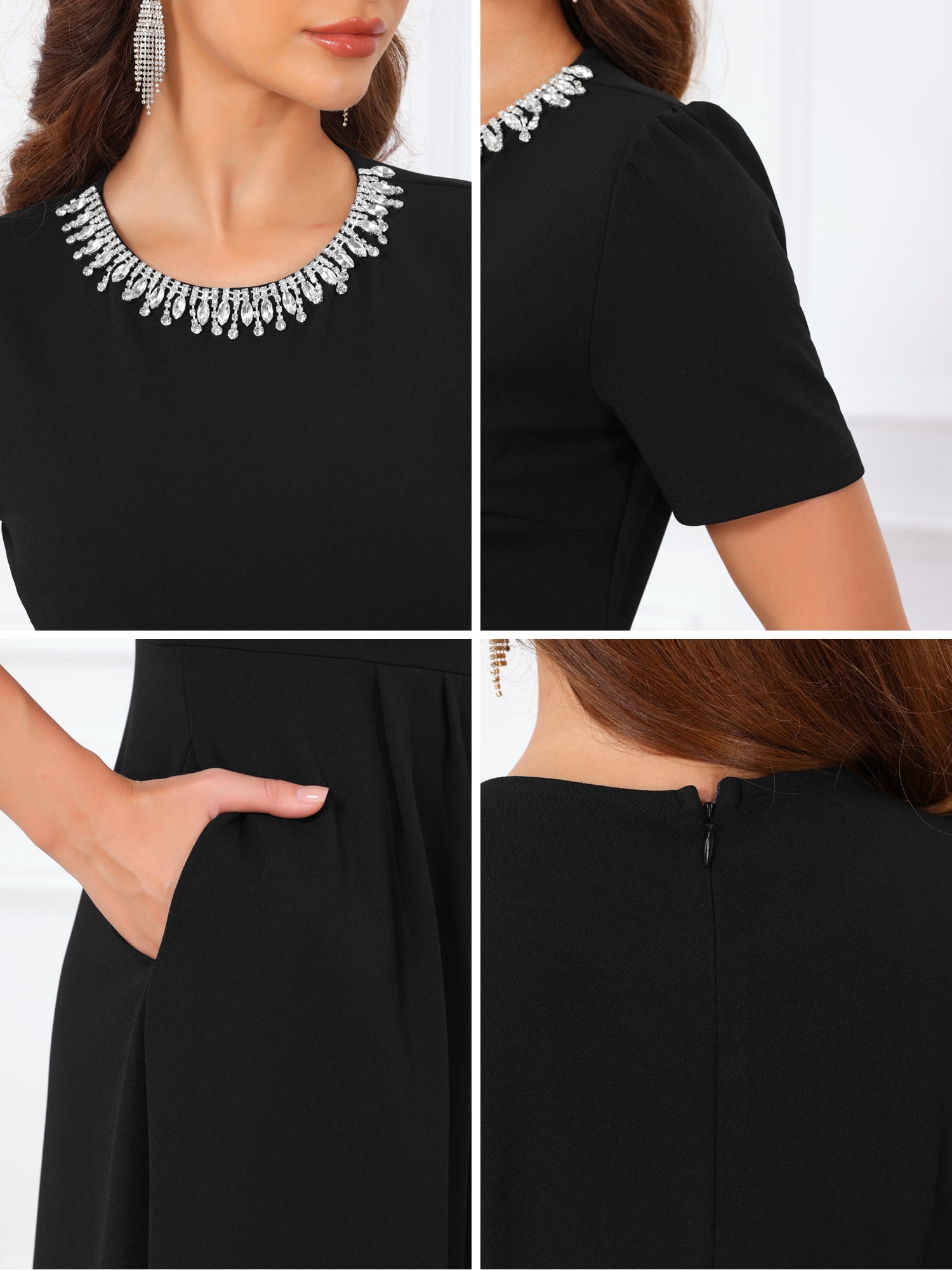DARING DIVA Women's Formal Beaded Rhinestones Crewneck Cocktail Dress 2XL Black