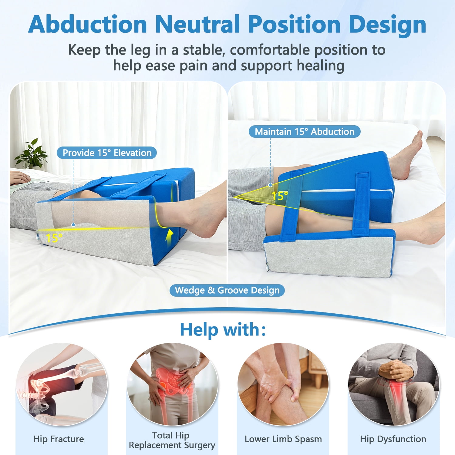 Hip Abduction Pillow for Hip Replacement Surgery, 2-in-1 Post Op Recovery Aid with Leg Separator Wedge & Straps for Knee Surgery Support, Abductor Foam Wedge Pillow
