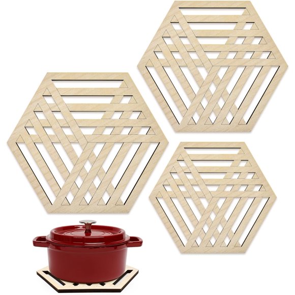 3 Pack Wood Trivets for Hot Dishes Wooden Kitchen Decor Accessories Decorative Trivet for Hot Pots and Pans Quartz Countertops Large Coasters Pot Holders Dining Table Decor Hexagon Bamboo Trivet Set