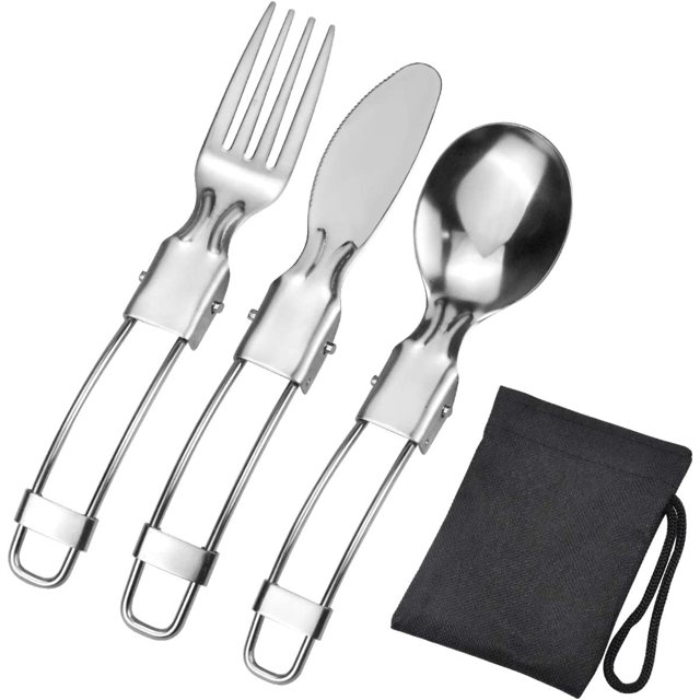 Juego de cubiertos plegables, juego de 3 piezas de cuchara, cuchillo y tenedor portátil de acero inoxidable 304, adecuado para acampar, picnics, uso al aire libre