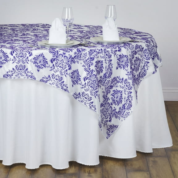 BalsaCircle 90" x 90" Damask Flocking Table Top Overlay - Purple on White