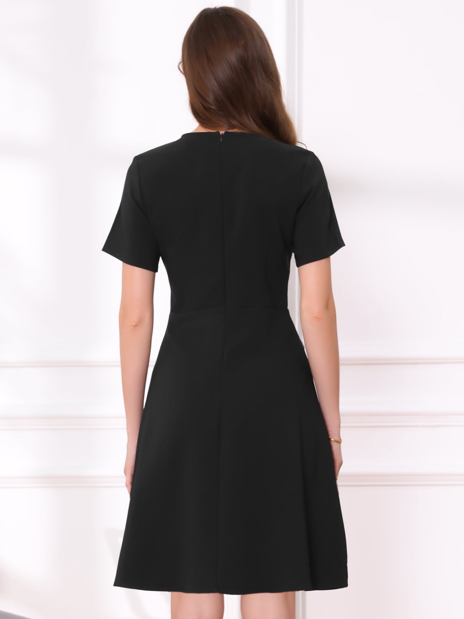 DARING DIVA Women's V Neck Short Sleeves Tweed Trim Dressy A-Line Dress L Black