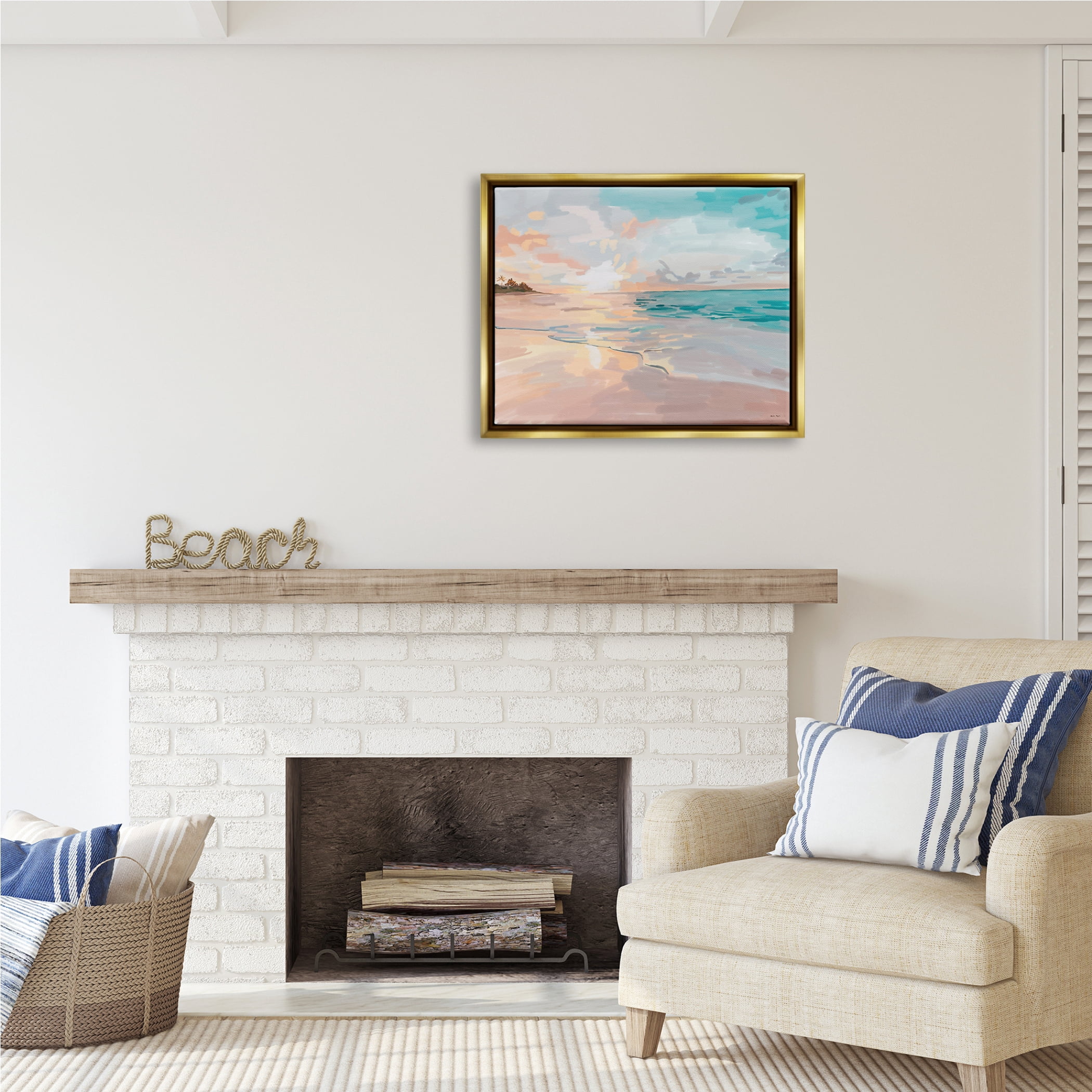 Stupell Industries Abstract Beach Sunset Nature Painting Gold Floater Framed Art Print Wall Art, 31 x 25