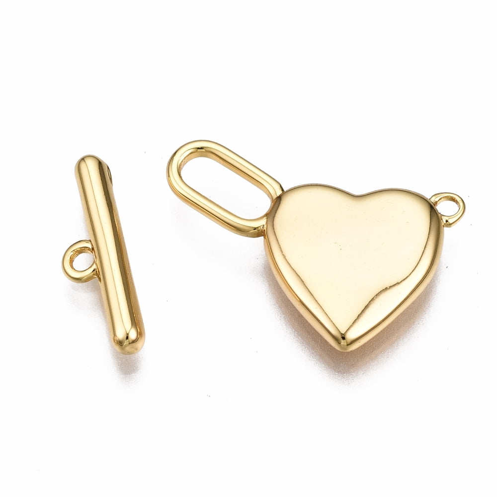 Brass Toggle Clasps Nickel Free Heart Real 18K Gold Plated 25mm long Bar: 15x4.5x2.5mm hole: 1.4mm Jump Ring: 5x1mm Inner Diameter: 3mm