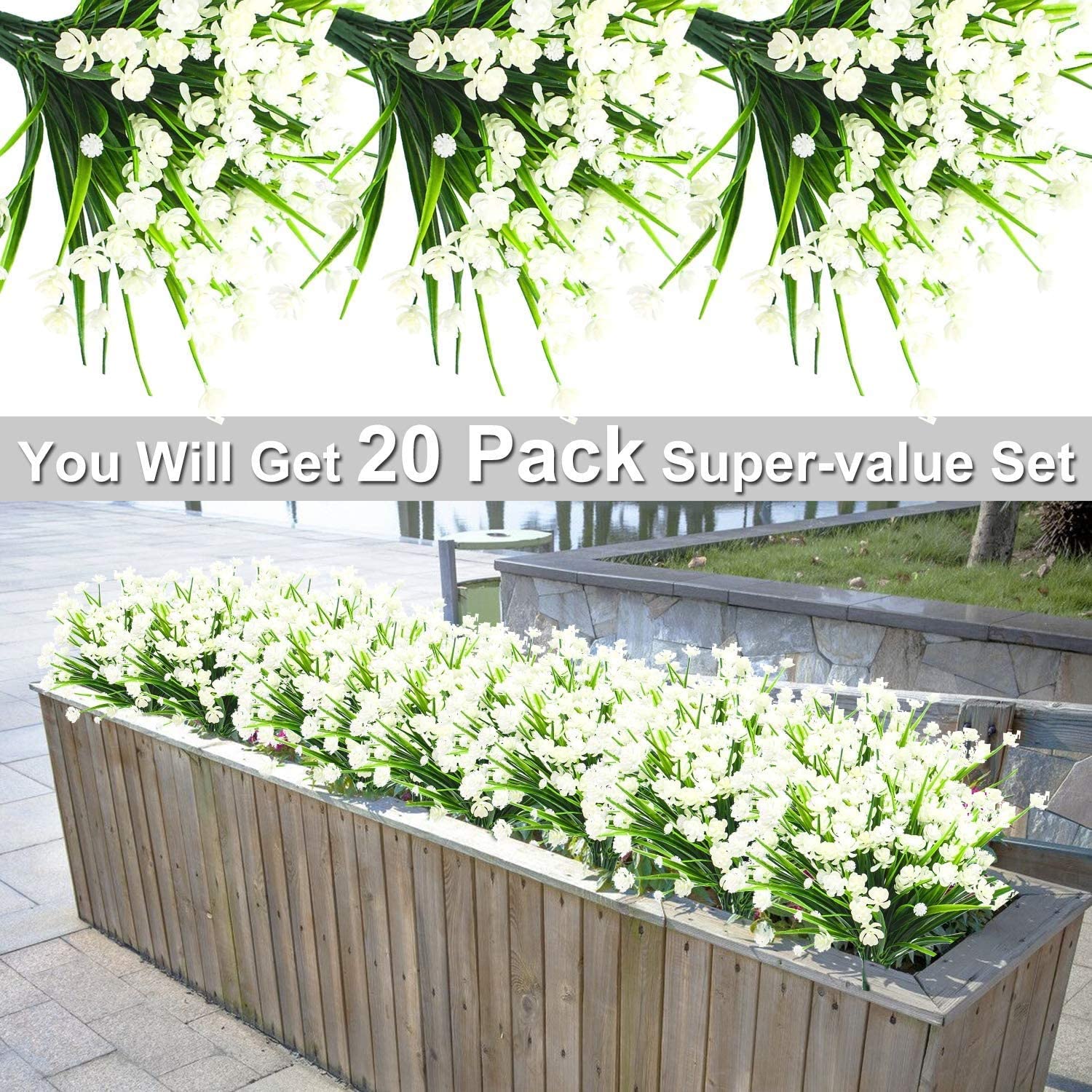 Sinhoon 20 Bundles Artificial Flowers for Outdoor Decoration, UV Resistant Faux Outdoor Plastic Greenery Shrubs Plants Fake Flowers Hanging Planter Home Garden Decor (White)