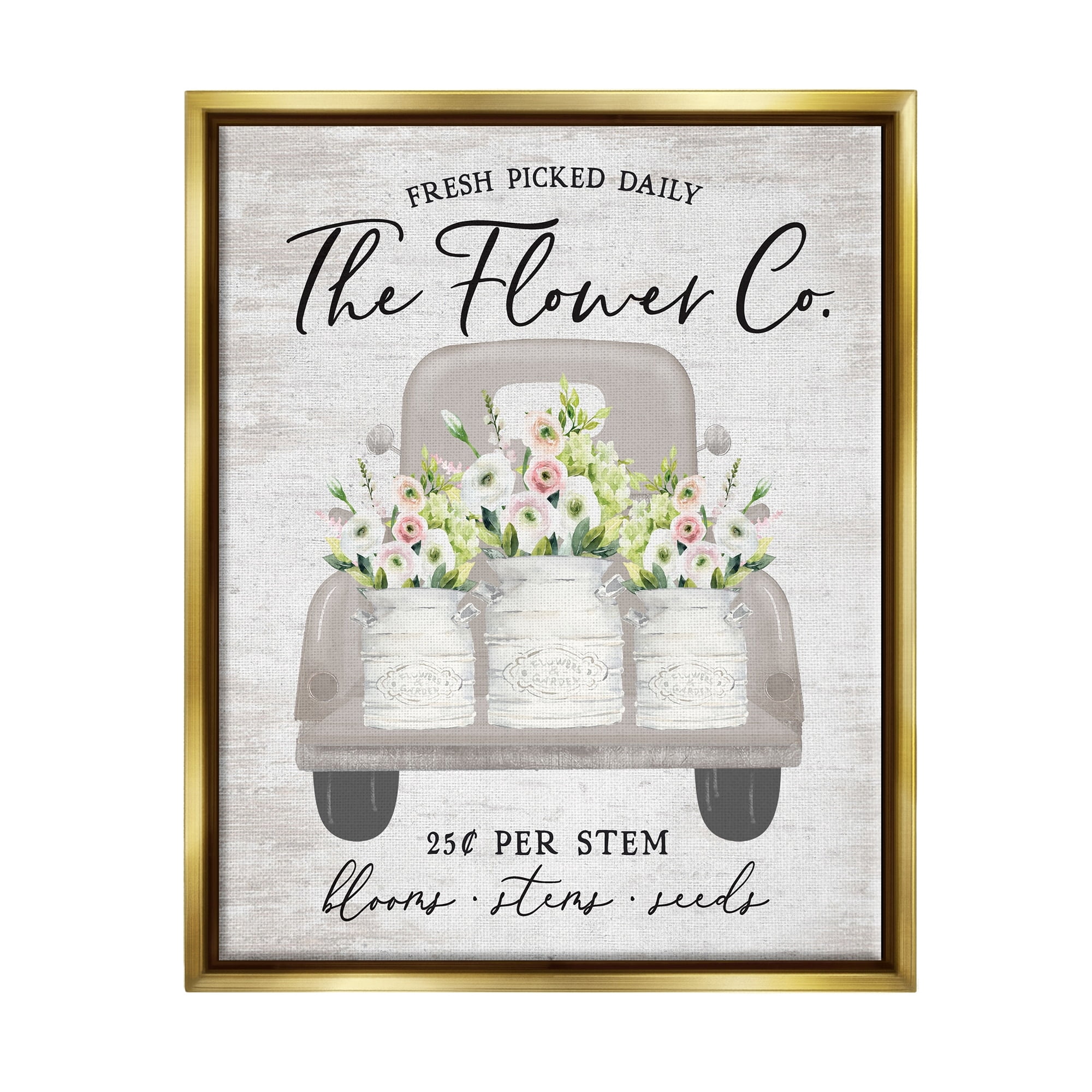 Stupell Industries Antique Flower Sign Vintage Truck Bouquet Blossoms Graphic Art Metallic Gold Floating Framed Canvas Print Wall Art, Design by Lettered and Lined