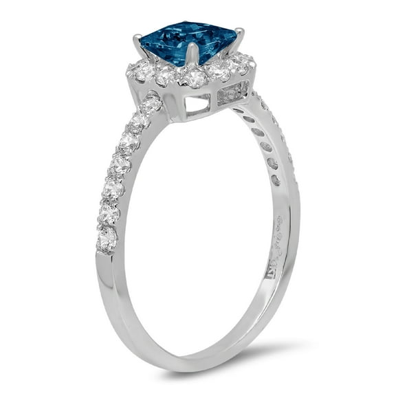 0.89 ct Princess Cut Natural London Blue Topaz Halo Engagement Ring for Women in 18K White Gold