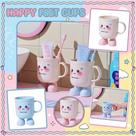 2pcs Mouthwash Cup, Cute Cartoon Plastic Mouthwash Cup With Feet Design, Stylish Cartoon Toothbrushing Cup, Dormitory And Home Use(Pink Bule)