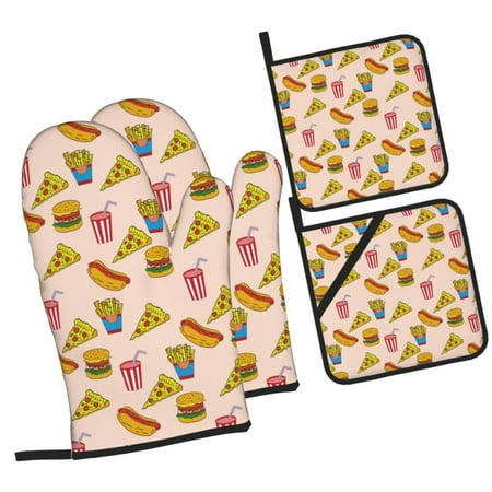 

Zufioo Hamburger Pizza Coke Oven Mitts and Pot Holders 4pcs Set Kitchen Oven Glove High Heat Resistant 500 Degree Extra Long Oven Mitts for Kitchen Baking Cooking