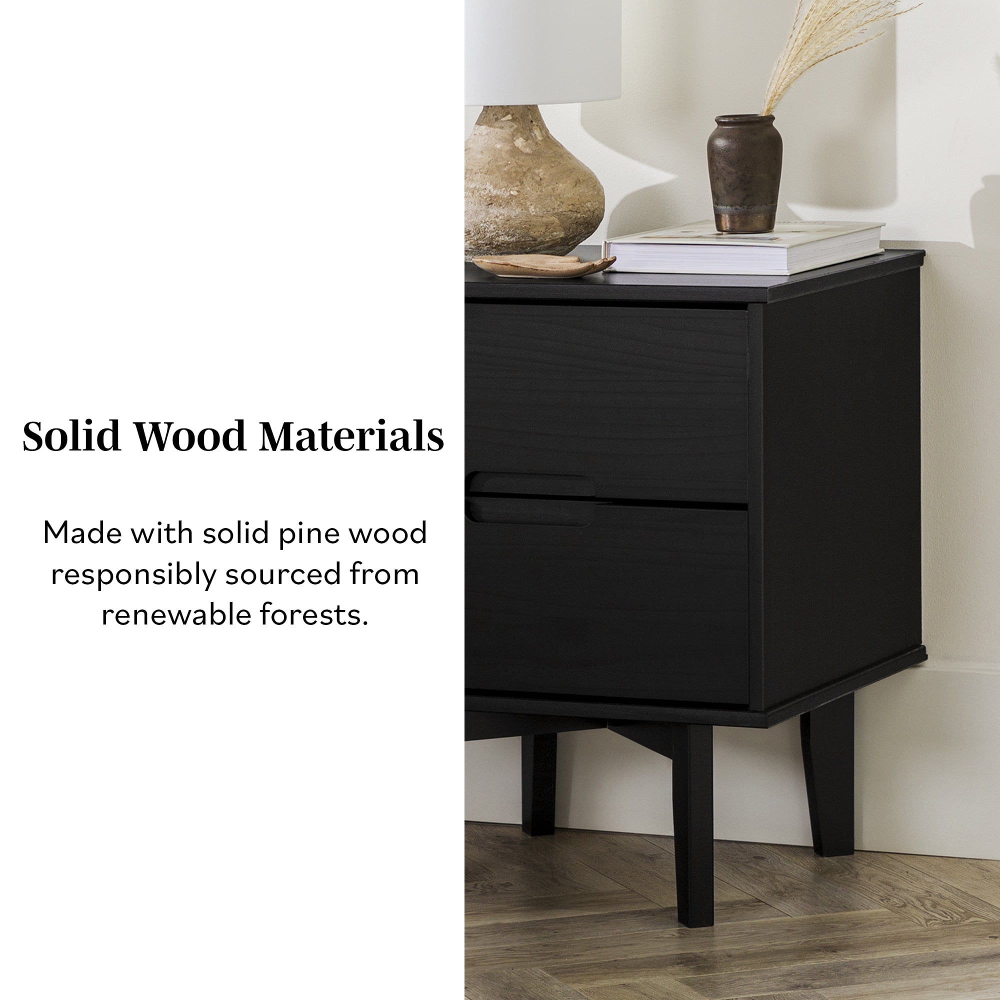 Walker Edison 2-Drawer Groove Handle Solid Wood Nightstand – Black