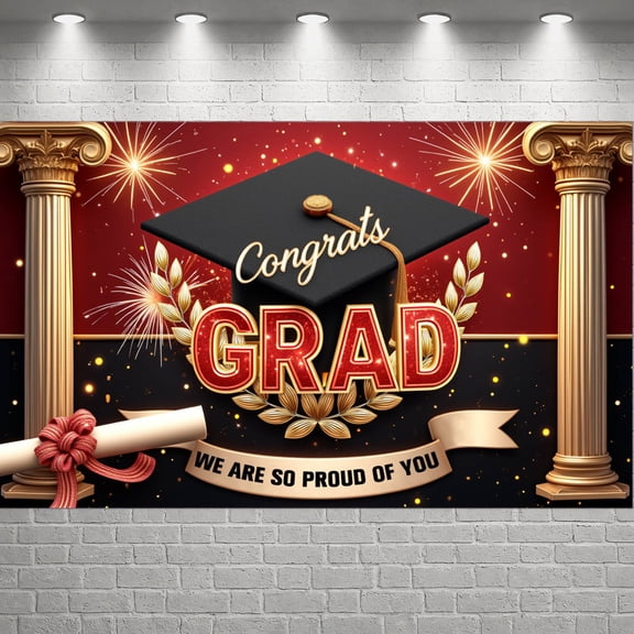 Gold Accent Graduation Banner Red Background Grad Display Graduation Cap Diploma Scroll Congrats Backdrop for Graduation Ceremony College Graduation Grad Party
