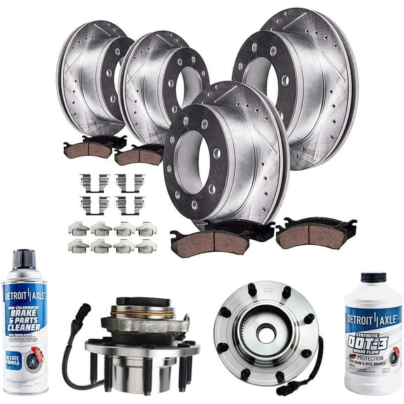 Detroit Axle - Brake Kit for 1999-2004 Ford F-250 F-350 Super Duty 2000-2002 Excursion Front & Rear Replacement Drilled Slotted Brake Rotors Ceramic Brakes Pads Wheel Bearing Hubs : 13.03" Rotor