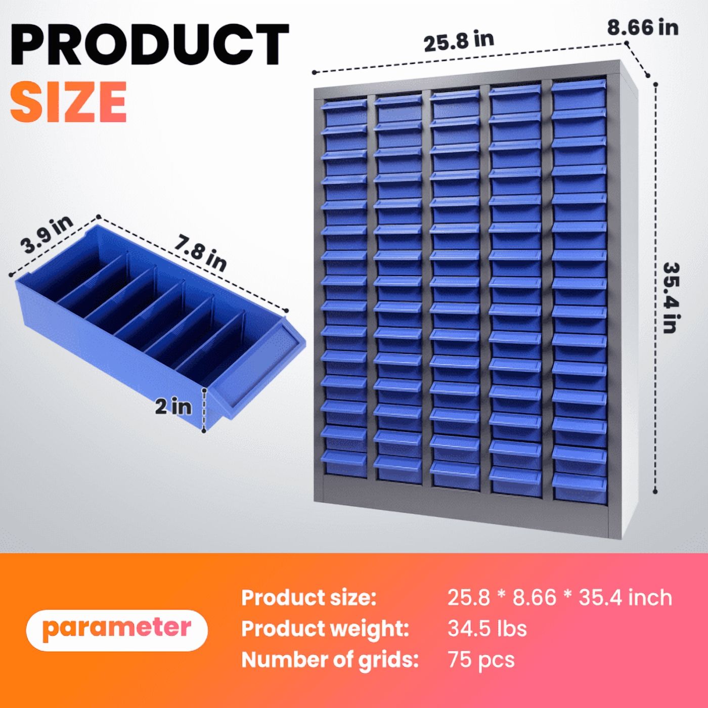75 Drawer Parts Storage Cabinet, Bolt and Nut Tool Storage Cabinet, 34.5lbs Easy to Use Drawers, Small Parts Storage Organizer Parts Cabinet, for Factory, Office