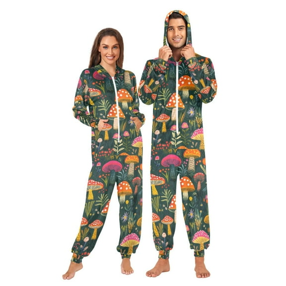 FORMRS Onesies Pajama for Adults Unisex Hoodie Winter Jumpsuit One Piece Sleepwear, Sizes S-2XL, Orange Mushroom