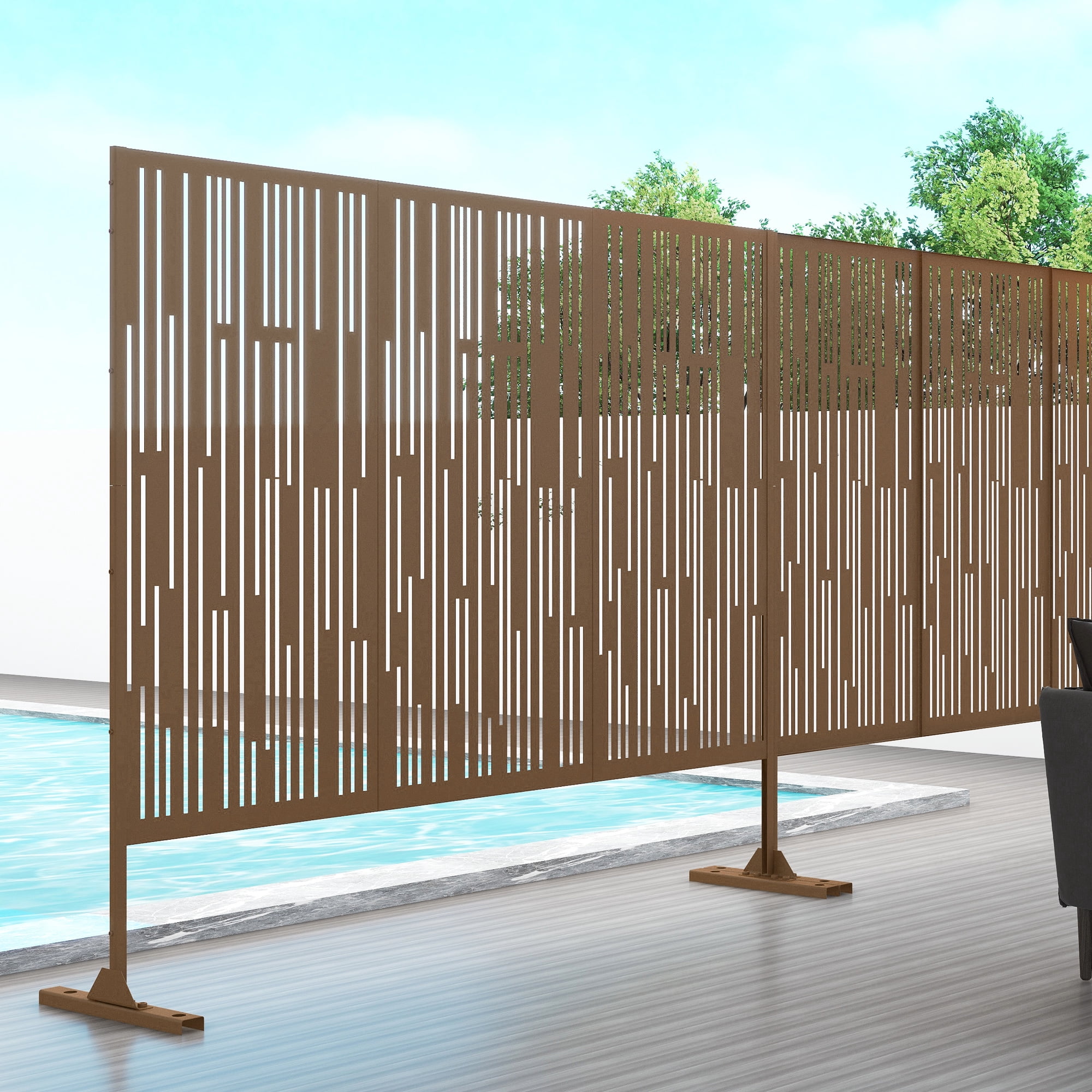 MAYEERTY 72×47" Outdoor Brown Metal Privacy Panel Screen for Backyard & Garden, Shadow Play Pattern