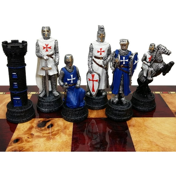 Medieval Times Crusades Knight Blue And White Set Of Chess Men Pieces Hand Painted With Maltese Cross - No Board