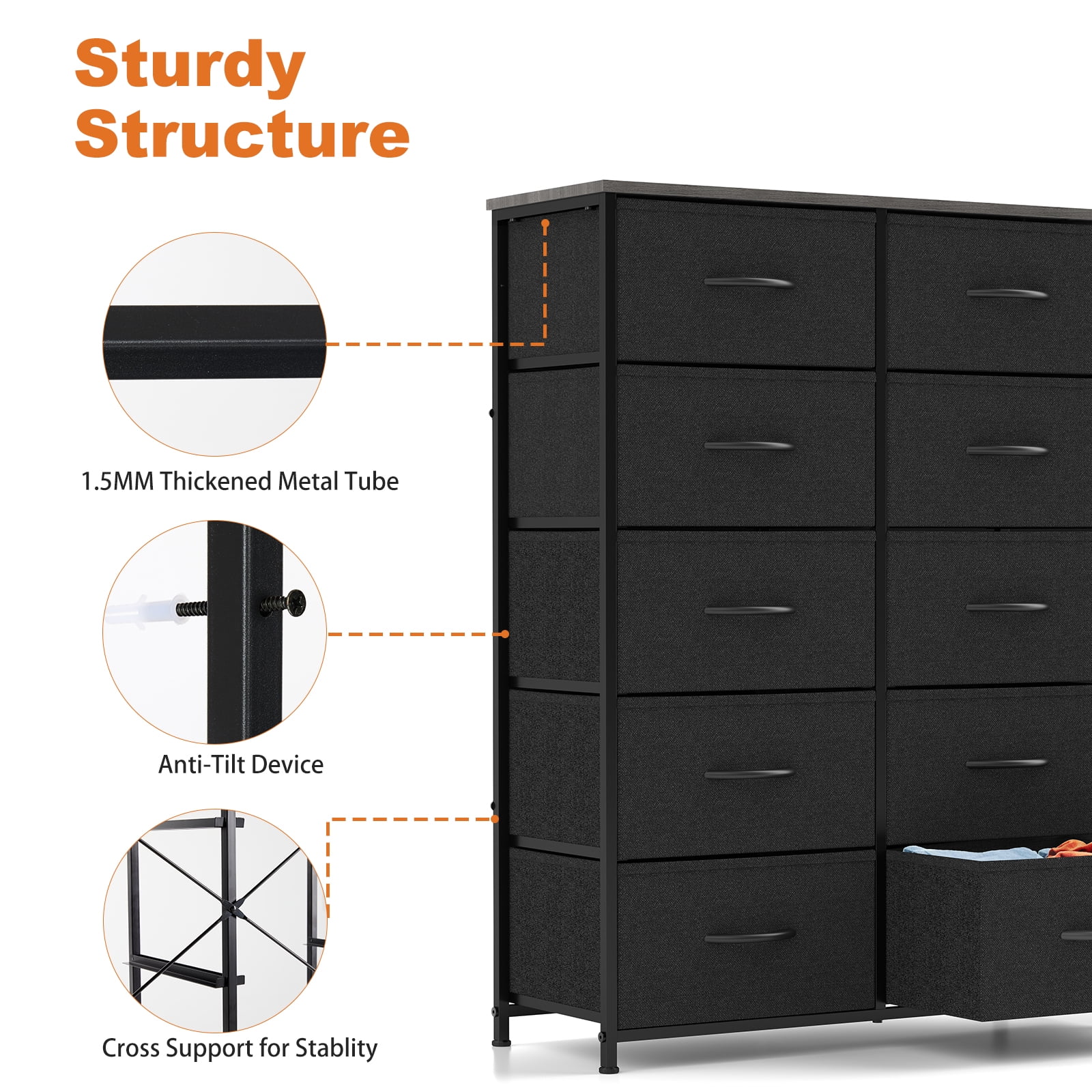 CONCETTA 10-Drawer Fabric Dresser Storage Chest for Bedroom, Closet, Entryway, Storage Furniture for Adults, Black