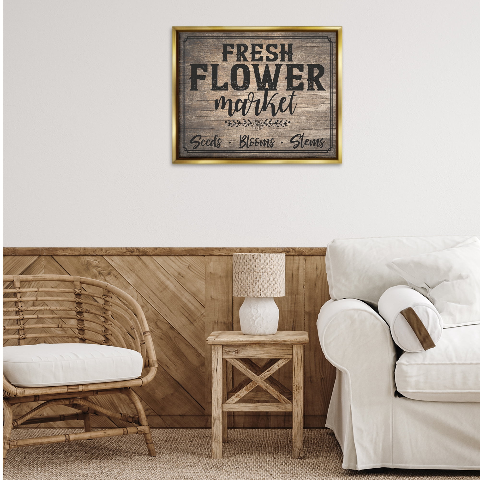 Stupell Industries Rustic Flower Market Text & Numbers Painting Gold Floater Framed Canvas Art Print Wall Art, 31 x 25