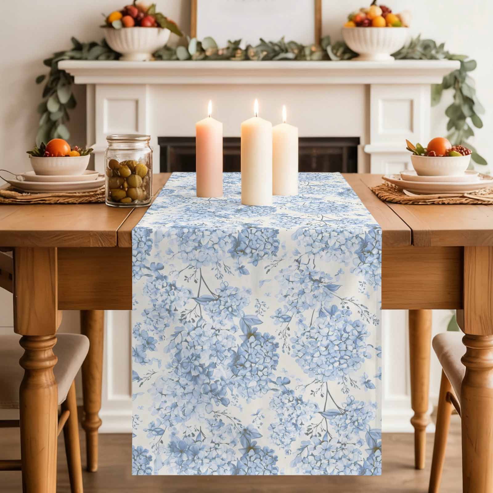 Blossoms Hydrangea Floral Table Runner 90 Inches Long,Kitchen Dining Tablerunners Blue Flowers Linen Table Runners Dresser Scarves for Home Dinner Wedding Holiday Party Decor