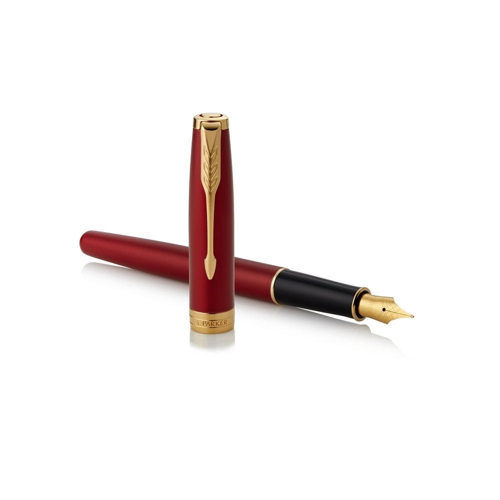 PARKER Fountain Pen, Red Lacquer with Gold Trim, Medium Nib