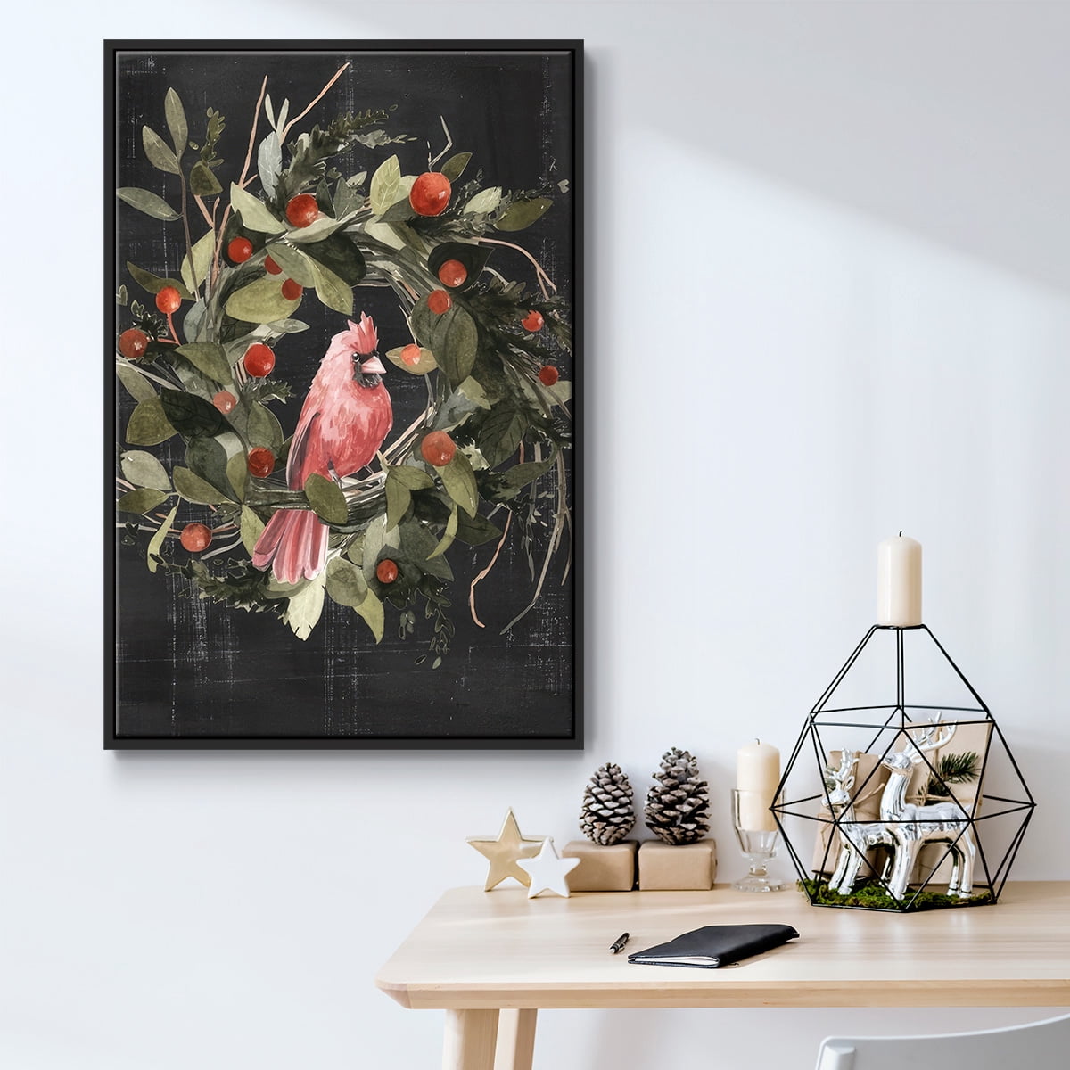 Christmas Cardinal II - Framed Gallery Wrapped Holiday Canvas - 17 x 25 - Black Frame