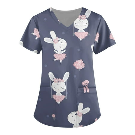 

Mlqidk Easter Scrub Tops Women Bunny Blouse Short Sleeve Nurse Working Uniform V Neck Easter Eggs Graphic Scrub Shirts