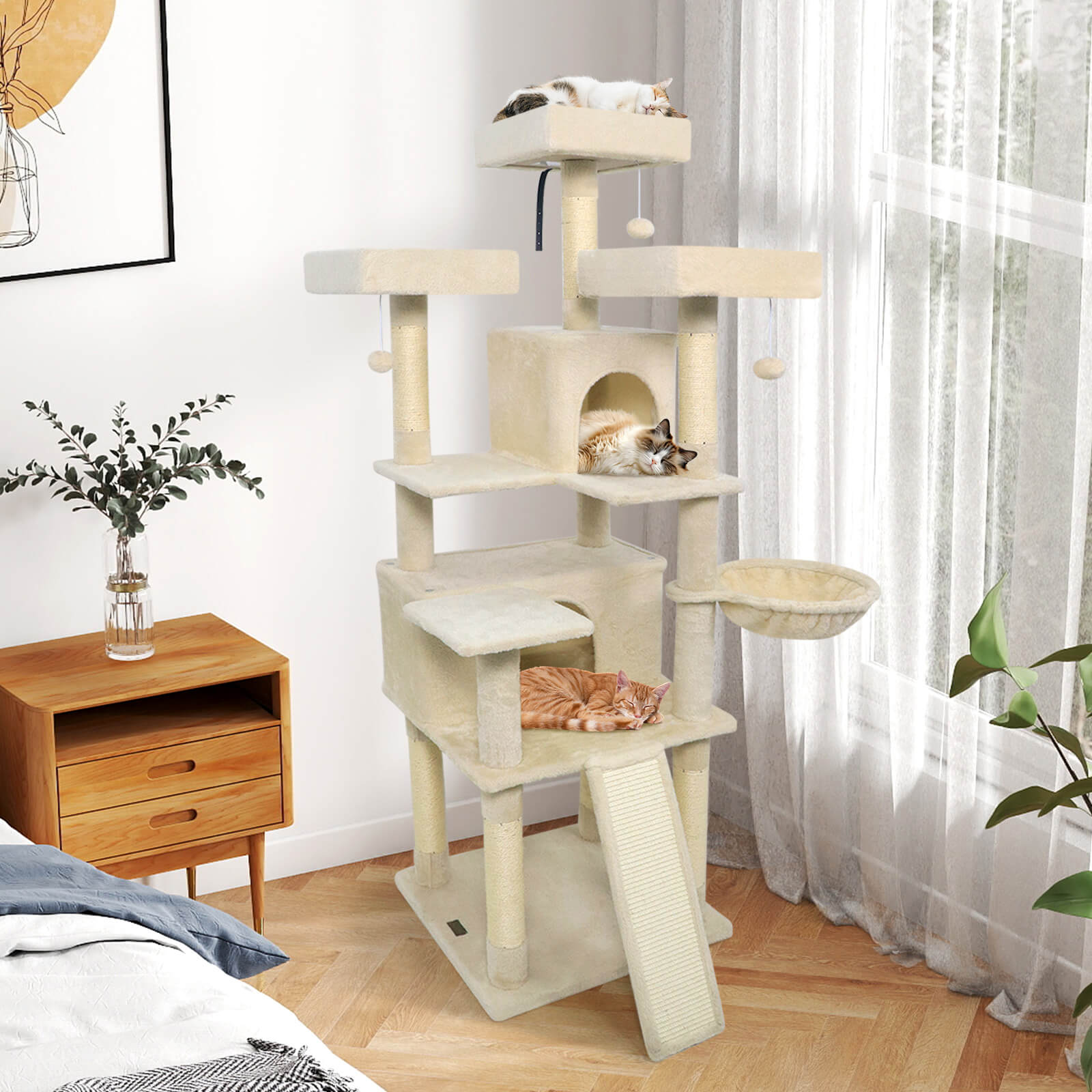 Costway 65” Tall Multi-level Cat Tree with 3 Upholstered Top Perch 2 Cat Condos Cat Basket Beige