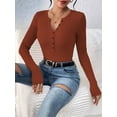 thumbnail image 4 of Women'S Long Sleeve Henley Tops Ribbed Knit Slim Fitted T Shirt Basic Tees Layer Fashion Outfits Chocolate Color S, 4 of 9