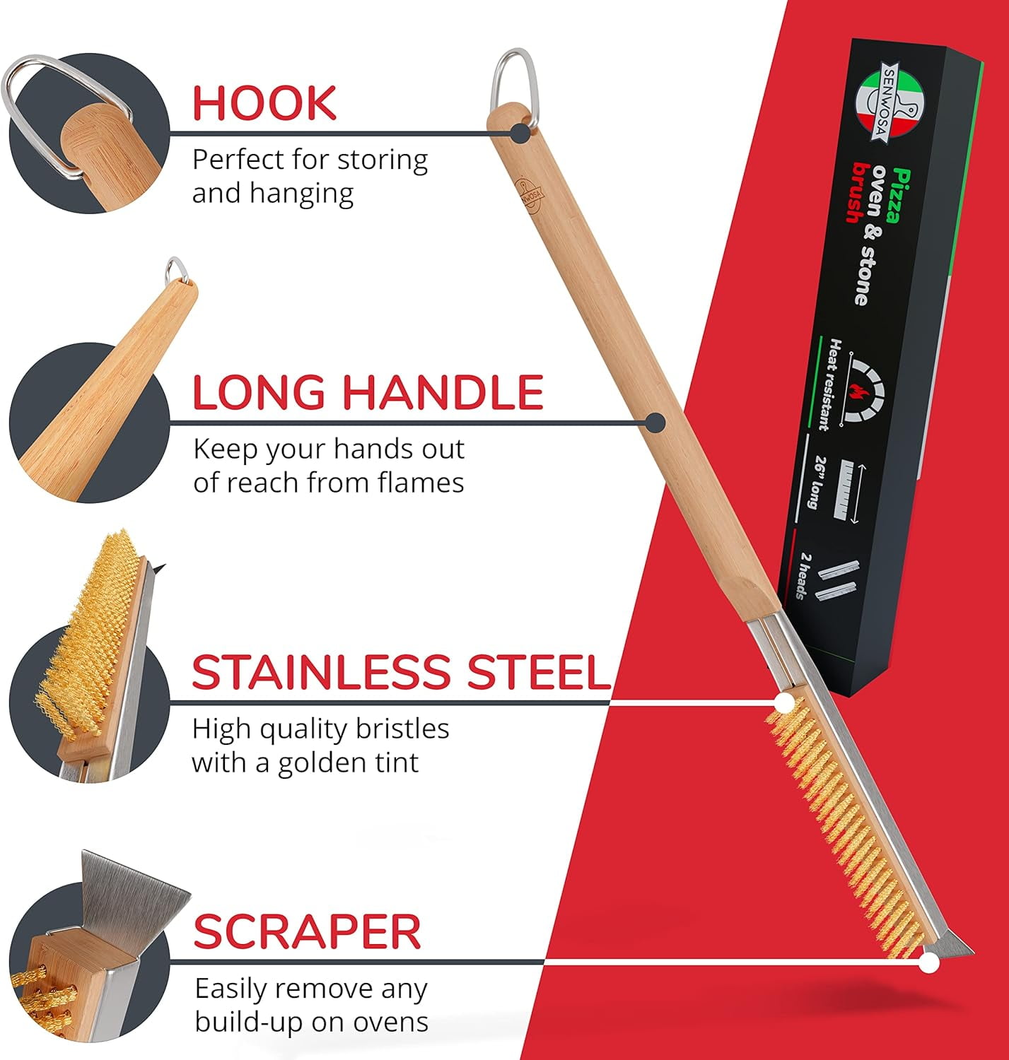 26” Pizza Oven Brush with Stone Scraper - Heat Resistant Stainless Steel Bristles, Extra Long Handle - Compatible with Ooni Ovens - Includes Spare Head