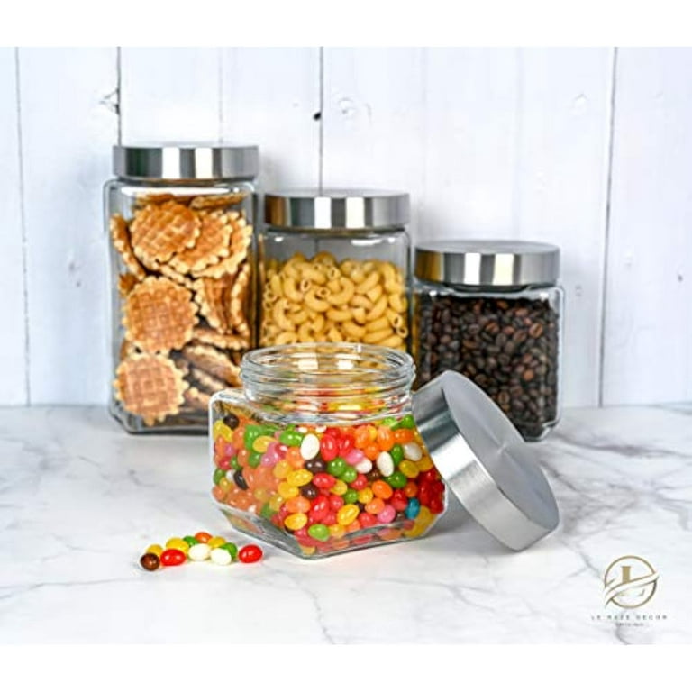 3pc Canister Sets for Kitchen Counter + Labels & Marker - Glass Cookie Jars  with Airtight Lids - Food Storage Containers with Lids Airtight for Pantry  - Flour, Sugar, Coffee, Cookies, etc.