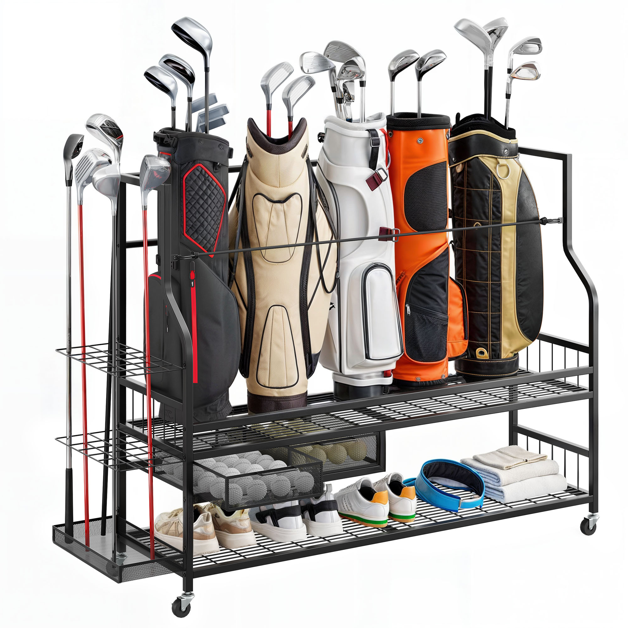 Uforic 5 Golf Bag Organizer - Garage Golf Bag Stand Holder with Wheels and Storage Rack, Black