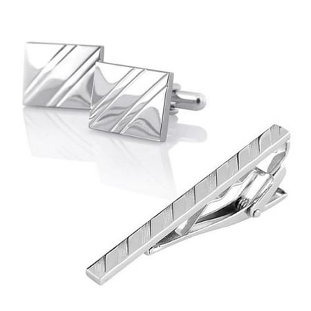Zodaca Men Necktie Tie Bar Clasp Clip Cufflinks Set Silver Simple Gift