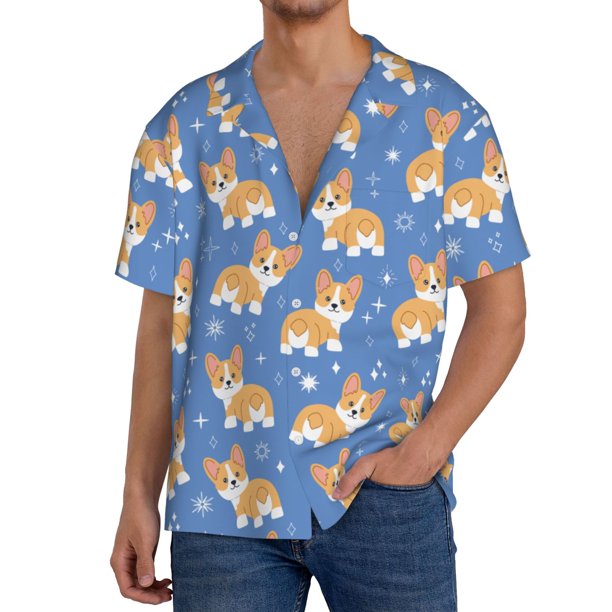 Fotbe Corgi Camisa Estampada de Manga Corta para Hombre, Casual de Verano, Estilo Playero, Sin Arrugas-Medium