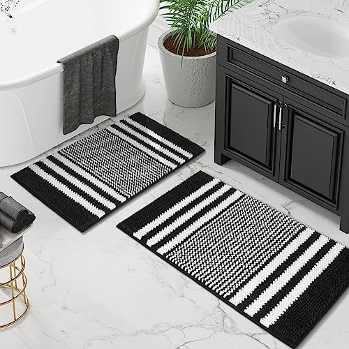 Bathroom Rugs Set 2 Piece, Extra Soft and Absorbent Fluffy Striped Chenille Bath Mat Rug Set, Non Slip Bathroom Floor Mat, Machine Washable (20" x 32" Plus 16" x 24", Black)