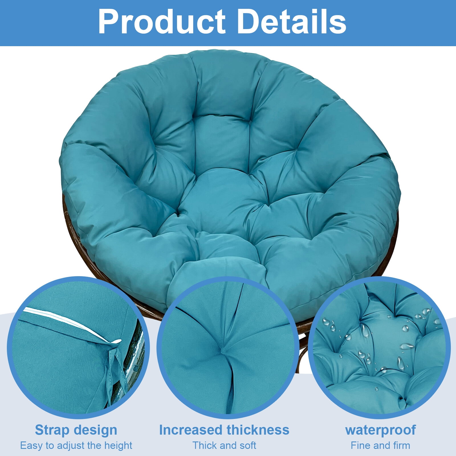 JIAN YA NA Indoor Outdoor Papasan Cushion, 47-inch Hanging Egg Chair Cushion Replacement (Without Chair), Blue