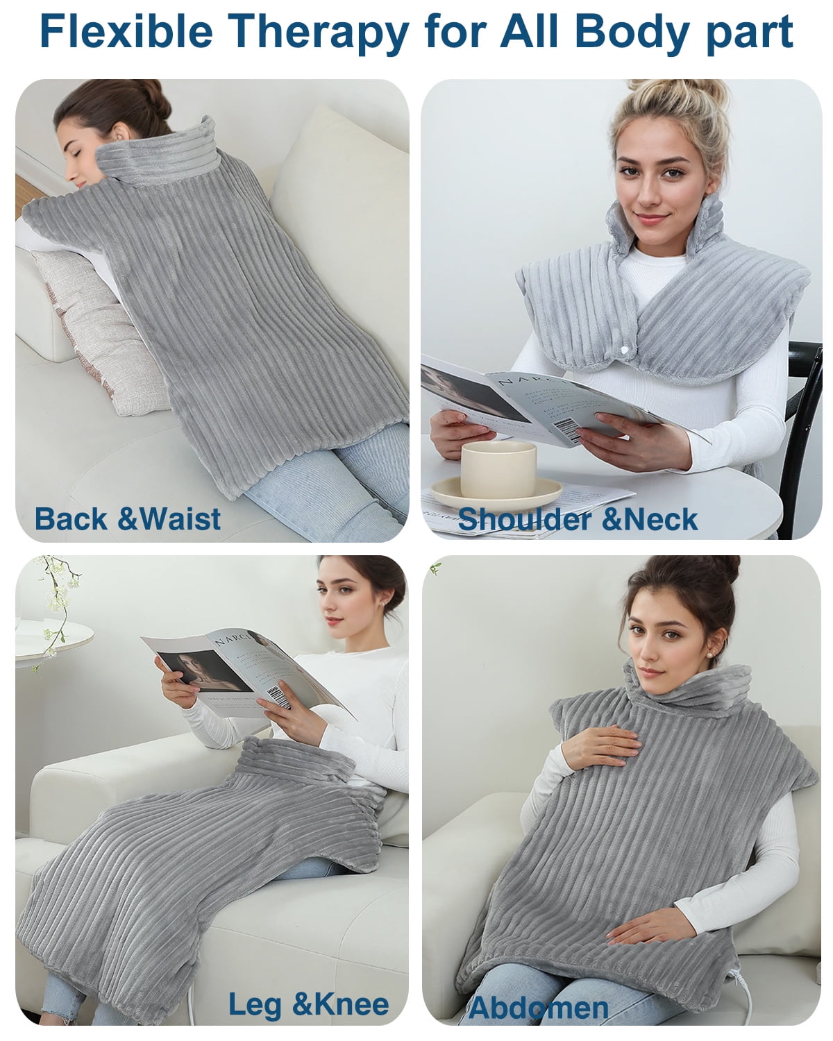 Massaging Heating Pad for Neck and Shoulders,Wearable Heating Pads for Back Pain Relief,Auto-Shut Off, 2 Heat Settings Heating Pad Wrap with Massager,Machine Washable,24 x35inch Grey