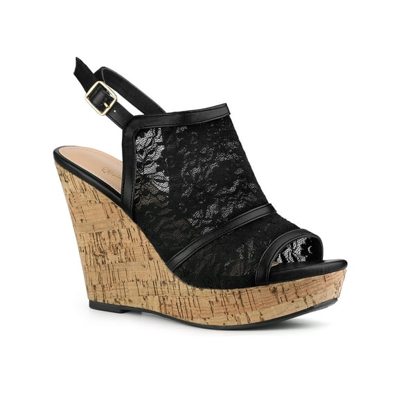 BLISSFUL STEP Women's Shoes Lace Platform Wedge Slingback Open Toe Buckle Sandals Black 7