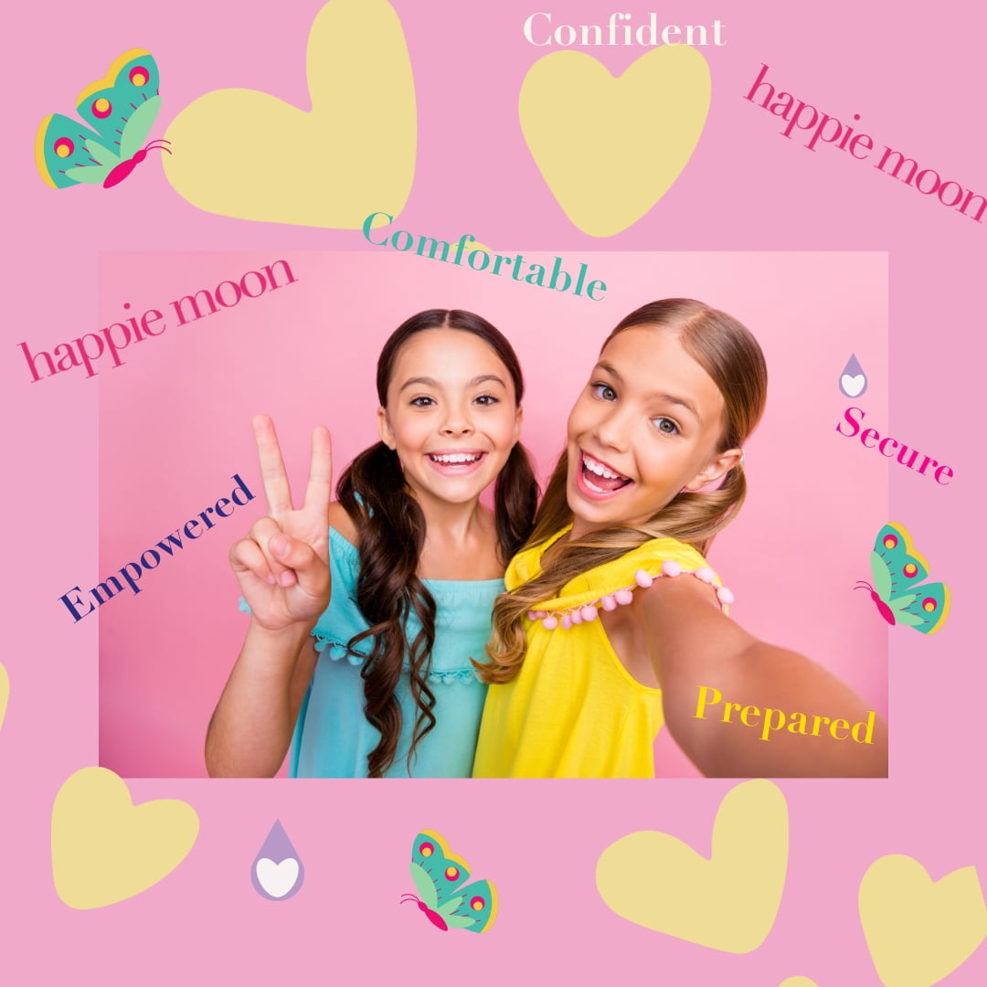 Happie Moon First Period Kit | Menstrual Starter Set For Tweens & Teens | All-Inclusive 10 Pads, 2 Overnights, Happie Moon Warming Patch And Small Pads Pouch