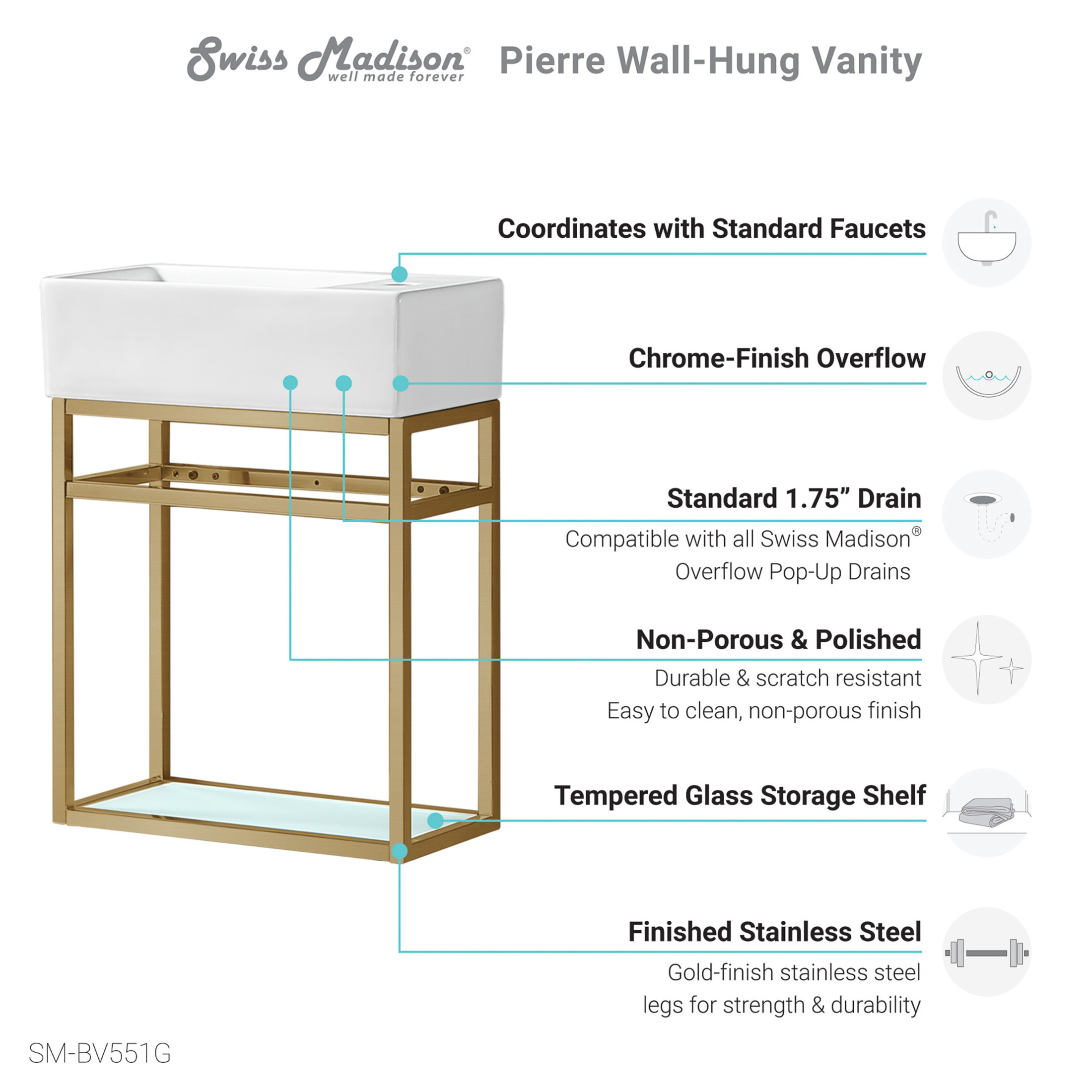 Pierre 19.5 Single, Open Shelf, Gold Metal Frame Bathroom Vanity